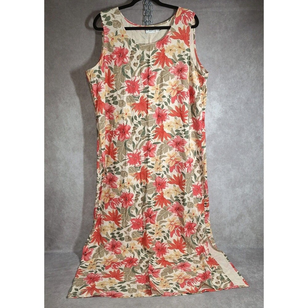 Liz Baker Size 1X Sleeveless Tank Long Dress Floral Slit 100% Silk Hawaiian